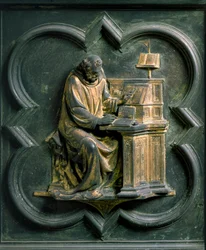 Porte Nord (appelée Porte de la Croix, au Nord), détail extérieur : Saint Jérôme. Sculpture en bronze réalisée par Lorenzo Ghiberti