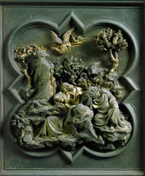 Porte Nord (appelée Porte de la Croix, au Nord), détail extérieur : « La prière du Christ au Jardin des Oliviers » Sculpture en bronze réalisée par Lorenzo Ghiberti (1378-1455)