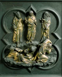 Porte Nord (appelée Porte de la Croix, au Nord), détail extérieur : « La Transfiguration » Sculpture en bronze réalisée par Lorenzo Ghiberti (1378-1455)