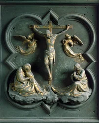 Porte Nord (appelée Porte de la Croix, au Nord), détail extérieur : « la crucifixion » Sculpture en bronze réalisée par Lorenzo Ghiberti (1378-1455)