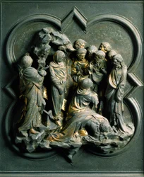 Détail extérieur : la résurrection de Lazare, sculpture en bronze de Lorenzo Ghiberti