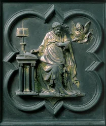 Porte Nord (appelée Porte de la Croix, au Nord), détail extérieur : Saint Marc
