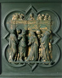 Porte Nord (appelée Porte de la Croix, au Nord), détail extérieur : « Pentecôte » Sculpture en bronze réalisée par Lorenzo Ghiberti (1378-1455)
