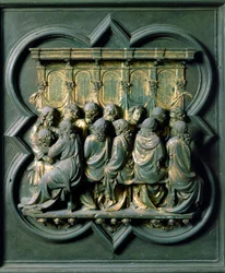 Porte Nord (appelée Porte de la Croix, au Nord), détail extérieur : « la Cène » Sculpture en bronze réalisée par Lorenzo Ghiberti (1378-1455)