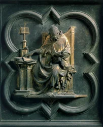 Porte Nord (appelée Porte de la Croix, nord), détail extérieur : Saint Ambroise. Sculpture en bronze réalisée par Lorenzo Ghiberti (1378-1455)