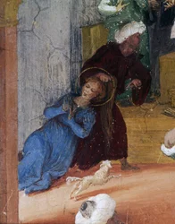 Sainte Barbe traînée par les cheveux devant le magistrat, détail des Histoires de Sainte Barbe