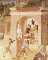 Scènes de la vie de Sainte Barbe, détail de Sainte Barbe remise au préteur romain Marcian, puis torturée, 1523-24