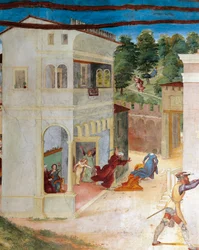 Sainte Barbe attaquée par son père, détail de la Vigne du Christ et Légende de Sainte Barbe par Lorenzo Lotto, Villa Suardi, Chapelle Suardi, Trescore Balneario