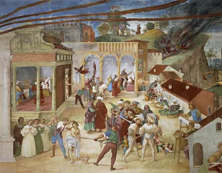 Sainte Barbe conduite à travers les rues de la ville, détail de Christ-Vigne et Légende de Sainte Barbe, fresque, Villa Suardi, Capella Suardi, Trescore Balneario