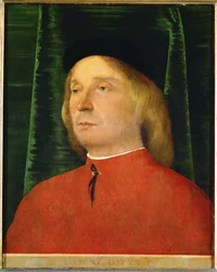Jeune homme en veste rouge (peinture sur tilleul)