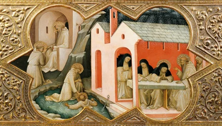 Retable du Couronnement de la Vierge (Incoronazione della Vergine). Détail représentant des scènes de la vie de saint Benoît de Nursie