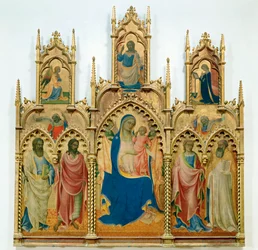 Vierge et enfant Jésus, saints ; en haut : Annonciation (tempera sur bois)