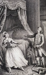 Couple devant le lit de la chambre - dans « Les françaises ou 34 exemples choisis dans les mœurs actuelles propres à diriger les filles, femmes, épouses, mères » de Restif de La Bretonne (1734-1806), ill. par Binet, Neufchâtel