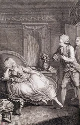 Gentilhomme déclarant son amour à une dame languissante sur une bergère - dans « Les françaises ou 34 exemples choisis dans les mœurs actuelles propres à conduire les filles, épouses, mères » par Restif de La Bretonne (1734-1806), ill. par Binet, Neufchâte