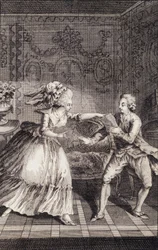 Le billet doux subtilisé (libertinage) - dans "Les françaises ou 34 exemples choisis dans les mœurs actuelles propres à conduire filles, femmes, épouses, mères" par Restif de La Bretonne (1734-1806), ill. par Binet, Neufchâtel