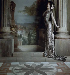 Femme semi-nue en robe argentée à motifs en losanges dans un intérieur classique, c.1850-1900