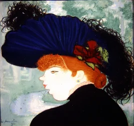 Femme rousse avec un chapeau bleu