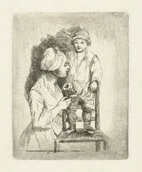 Une mère coud un bouton au pantalon de son fils