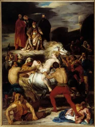 Le supplice de Mazeppa. Mazeppa est attaché à un cheval sauvage sur l