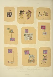 Fragments de peintures hiéroglyphiques aztèques, du Codex Telleriano-Remensis, illustration de 