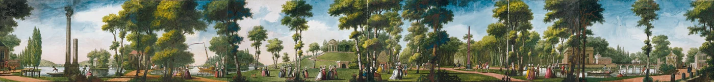 Figures marchant dans un parc