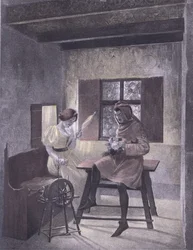 Simona filant, illustration du Décaméron de Boccace publiée par Navarre Society dans les années 1930