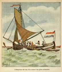 Napoléon offre un bateau à un pilote hollandais lors de sa visite en Hollande. Illustration de Bombled Louis (1862-1927) du livre « Le Mémorial de Sainte-Hélène » par le comte Emmanuel de Las Cases (1766-1842)