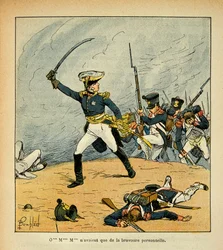 Illustration de Louis Bombled (1862-1927) du livre « Le Mémorial de Sainte-Hélène » du comte Emmanuel de Las Cases (1766-1842) : Une charge générale à la tête de ses troupes
