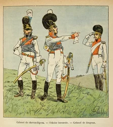 Illustration de Louis Bombled (1862-1927) du livre « Le Mémorial de Sainte-Hélène » du comte Emmanuel de Las Cases (1766-1842) : Militaire bavarois : Colonel de chevaux légers ; Officier bavarois ; Colonel de dragons