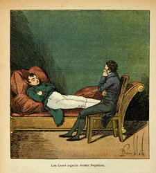 Illustration de Louis Bombled (1862-1927) du livre « Le Mémorial de Sainte-Hélène » par le comte Emmanuel de Las Cases (1766-1842) : Las Cases regarde Napoléon dormir