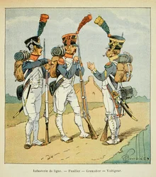 Illustration de Louis Bombled (1862-1927) du livre « Le Mémorial de Sainte-Hélène » du comte Emmanuel de Las Cases (1766-1842) : Armée française : Infanterie de ligne : fusilier, grenadier et voltigeur