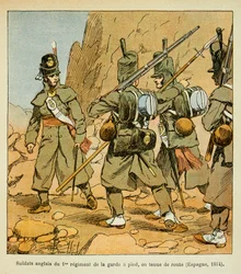 Illustration par Louis Bombled (1862-1927) tirée du livre « Le Mémorial de Sainte-Hélène » par le comte Emmanuel de Las Cases (1766-1842) : Soldats anglais du 1er Régiment de la Garde dans une halte routière (Espagne 1814), Collection privée