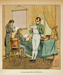 Illustration de Louis Bombled du livre « Le Mémorial de Sainte-Hélène » du comte Emmanuel de Las Cases : lecture des journaux anglais par Napoléon à Sainte-Hélène, collection privée