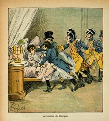Illustration de Louis Bombled (1862-1927) du livre « Le Mémorial de Sainte-Hélène » par le comte Emmanuel de Las Cases (1766-1842) : Arrestation de Jean Charles Pichegru (1761-1804) le 28 février 1804