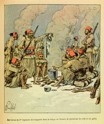 Janvier 1871, les Turcos du 1er régiment bivouaquent dans la neige, en blouses et pantalons de toile et pieds nus