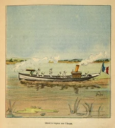 La Guerre à Madagascar-Histoire anecdotique des expéditions françaises de 1885-1895 par Henri Galli dit Galllichet, illustré par Louis Bombled : Canonnière française sur la rivière Ikopa à Madagascar en 1895