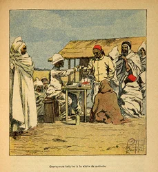 La Guerre à Madagascar - Histoire anecdotique des expéditions françaises de 1885-1895 par Henri Galli dit Galllichet, illustrée par Louis Bombled : Convoyeurs Kabyles, visite d