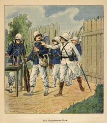 La Guerre à Madagascar - Histoire anecdotique des expéditions françaises de 1885-1895 par Henri Galli dit Galllichet, illustrée par Louis Bombled : Troupes françaises au poisonnier Shaw en 1884