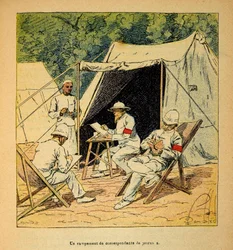 La guerre à Madagascar - Histoire anecdotique des expéditions françaises de 1885-1895 par Henri Galli dit Gallichet (1854-1922), illustrée par Louis Bombled (1862-1927) : Un camp de correspondants de journaux à Madagascar en 1895
