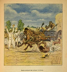 La guerre à Madagascar - Histoire anecdotique des expéditions françaises de 1885-1895 par Henri Galli dit Gallichet (1854-1922), illustrée par Louis Bombled (1862-1927) : Bœufs atteints par des voitures Lefebvre