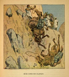 La Guerre à Madagascar-Histoire anecdotique des expéditions françaises de 1885-1895 par Henri Galli dit Gallichet (1854-1922), illustrée par Louis Bombled (1862-1927) : Mulets d