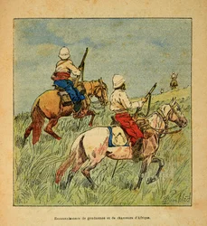 La Guerre à Madagascar - Histoire anecdotique des expéditions françaises de 1885-1895 par Henri Galli dit Gallichet (1854-1922), illustrée par Louis Bombled (1862-1927) : Reconnaissance des gendarmes et chasseurs d