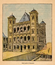 La Guerre à Madagascar - Histoire anecdotique des expéditions françaises de 1885-1895 par Henri Galli dit Gallichet (1854-1922), illustrée par Louis Bombled (1862-1927) : Le Grand Palais de la reine Ranavalona III à Tananarive, Collection privée