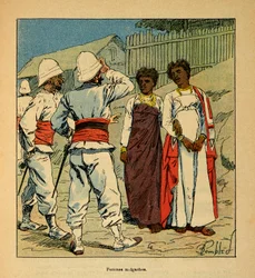 La guerre à Madagascar - Histoire anecdotique des expéditions françaises de 1885-1895 par Henri Galli dit Galllichet, illustrée par Louis Bombled : Soldats français sympathisant avec des femmes malgaches