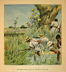 La guerre à Madagascar - Histoire anecdotique des expéditions françaises de 1885-1895 par Henri Galli dit Galllichet, illustrée par Louis Bombled : Tirailleurs Hovas attaquant les militaires construisant une route en 1895