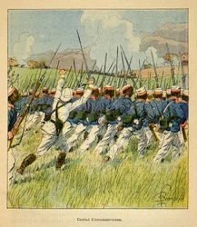 La guerre à Madagascar - Histoire anecdotique des expéditions françaises de 1885-1895 par Henri Galli dit Galllichet, illustrée par Louis Bombled : Troupes françaises pendant les batailles d