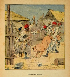 La Guerre à Madagascar - Histoire anecdotique des expéditions françaises de 1885-1895 par Henri Galli dit Gallichet (1854-1922), illustrée par Louis Bombled (1862-1927) : Pillage des tirailleurs dans les fermes, Collection privée