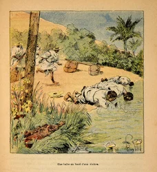 La Guerre à Madagascar - Histoire anecdotique des expéditions françaises de 1885-1895 par Henri Galli dit Gallichet (1854-1922), illustrée par Louis Bombled (1862-1927) : Une halte au bord de la rivière en 1895, Collection privée