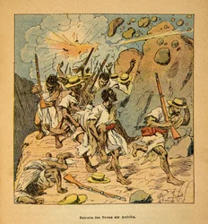 La Guerre à Madagascar - Histoire anecdotique des expéditions françaises de 1885-1895 par Henri Galli dit Gallichet (1854-1922), illustrée par Louis Bombled (1862-1927) : Retraite des Hovas sur Andriba, Collection privée