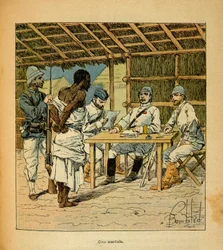 La Guerre à Madagascar - Histoire anecdotique des expéditions françaises de 1885-1895 par Henri Galli dit Gallichet (1854-1922), illustrée par Louis Bombled (1862-1927) : Interrogatoire d
